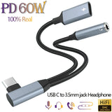 OTG 2 IN 1 Elbow Type USB C to 3.5mm Jack AUX Audio Headphone Adapter Fast Charger 60W for Samsung iPhone15 Huawei Xiaomi Tablet