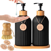 Kitchen Hands and Dishes Soap Dispenser with Tag Home Decor Refillable Bath Countertop Hands Soap Lotions Bottle Bamboo Pump