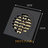 Hotaan Anti-odor Matte Black Bathtub Shower Drainer Floor 10cm Brass Square Floor Shower Drain Waste Grate Floor Drain