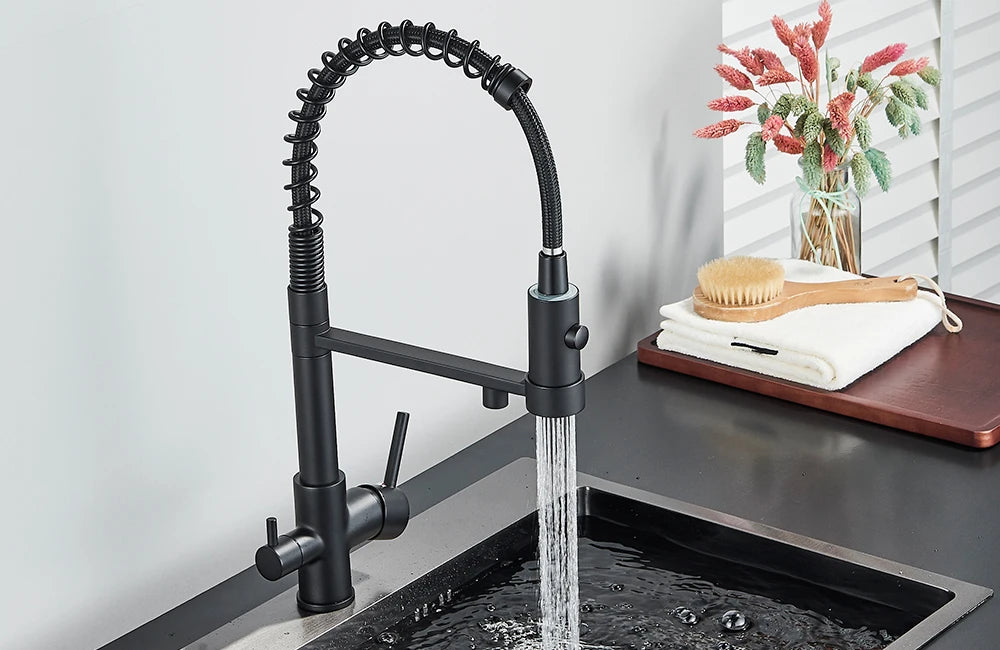 rozin Pull Down Filter Kitchen Faucet Black 3 Way Drinking Pure Water Faucets Brass 360° Flexible Purification Water Mixer Tap