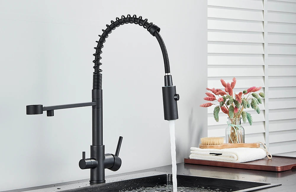 rozin Pull Down Filter Kitchen Faucet Black 3 Way Drinking Pure Water Faucets Brass 360° Flexible Purification Water Mixer Tap