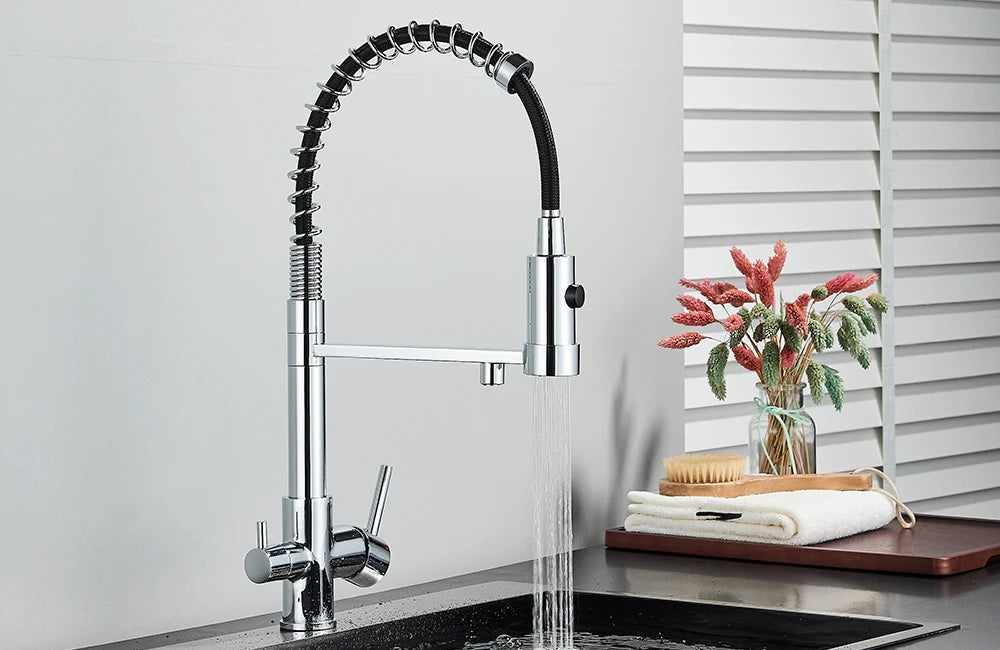 rozin Pull Down Filter Kitchen Faucet Black 3 Way Drinking Pure Water Faucets Brass 360° Flexible Purification Water Mixer Tap