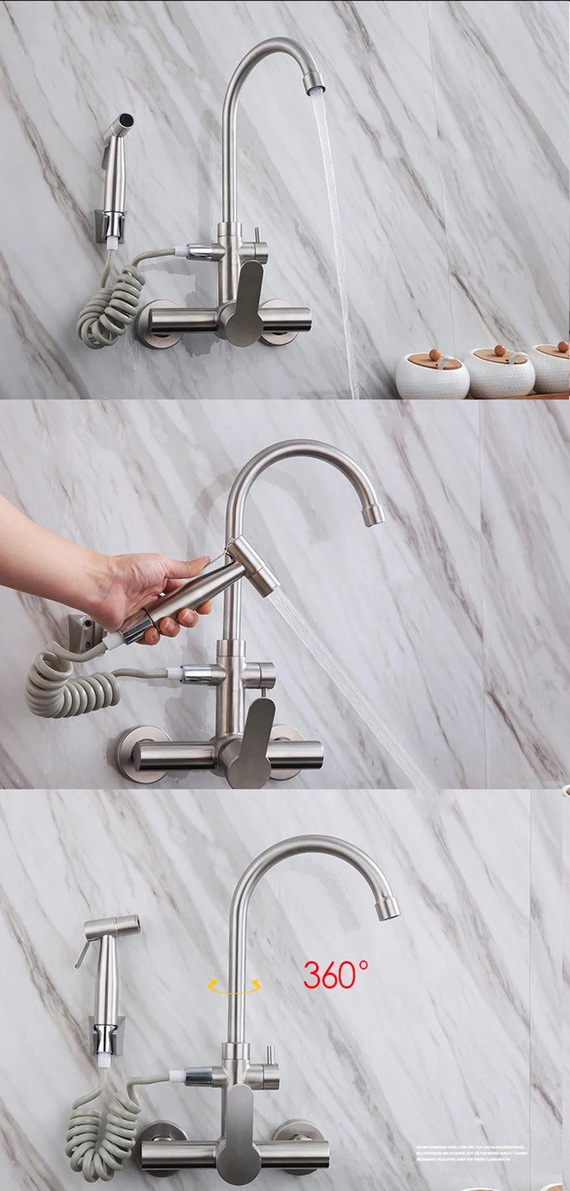 Onyzpily Brushed Nickel 304 stainless steel Kitchen Sink Faucet Mixer Tap Stream Sprayer Head Wall Installation