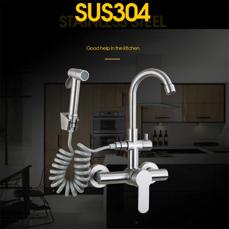 Onyzpily Brushed Nickel 304 stainless steel Kitchen Sink Faucet Mixer Tap Stream Sprayer Head Wall Installation
