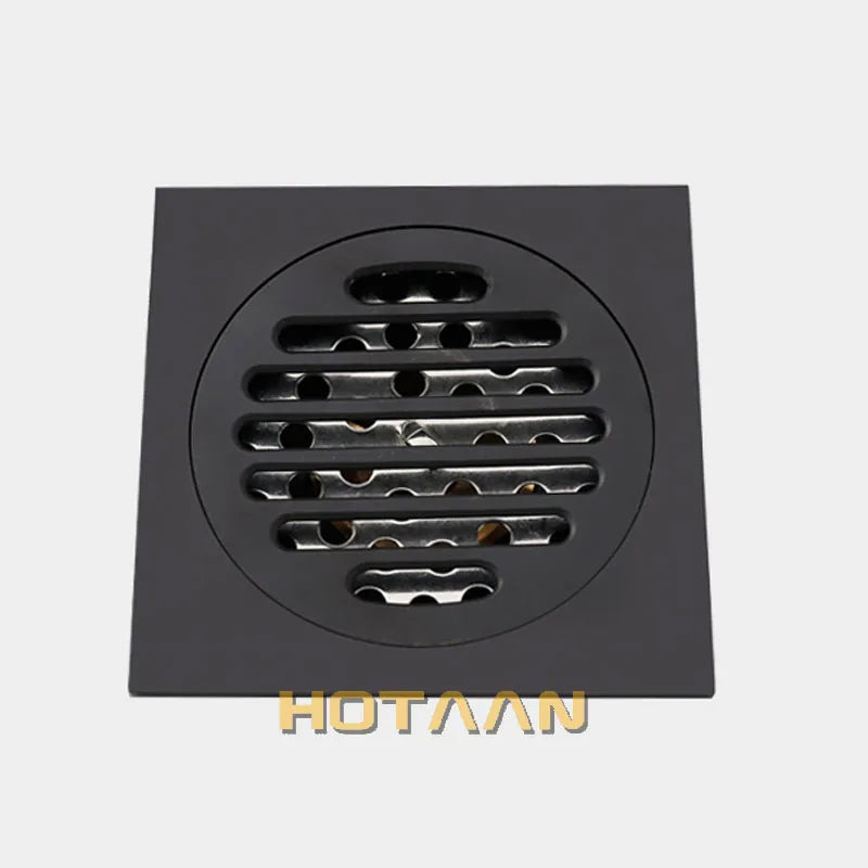 Hotaan Anti-odor Matte Black Bathtub Shower Drainer Floor 10cm Brass Square Floor Shower Drain Waste Grate Floor Drain