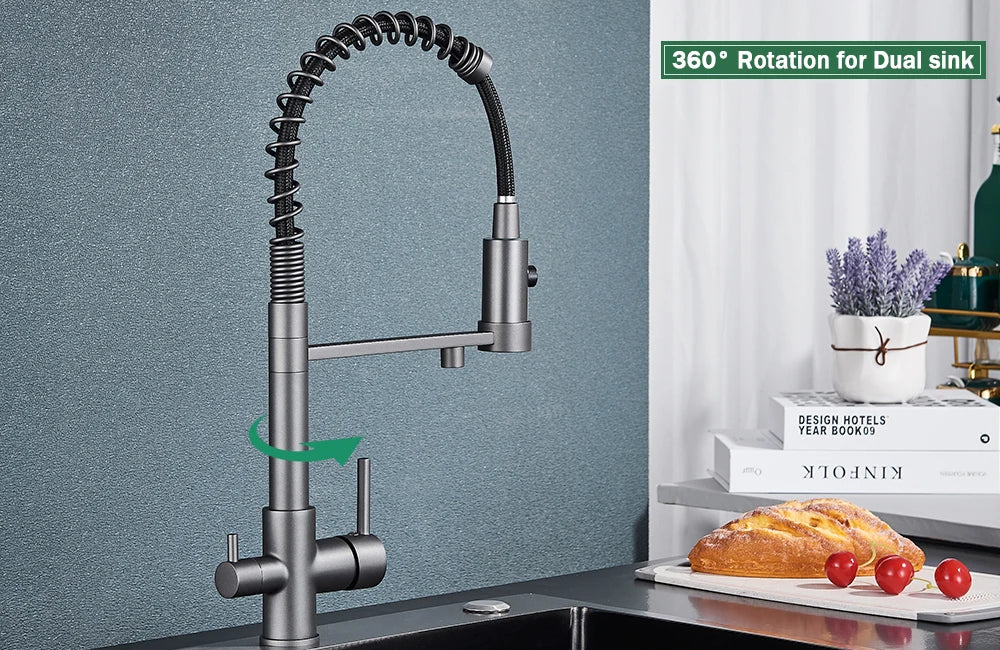 rozin Pull Down Filter Kitchen Faucet Black 3 Way Drinking Pure Water Faucets Brass 360° Flexible Purification Water Mixer Tap
