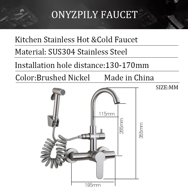 Onyzpily Brushed Nickel 304 stainless steel Kitchen Sink Faucet Mixer Tap Stream Sprayer Head Wall Installation