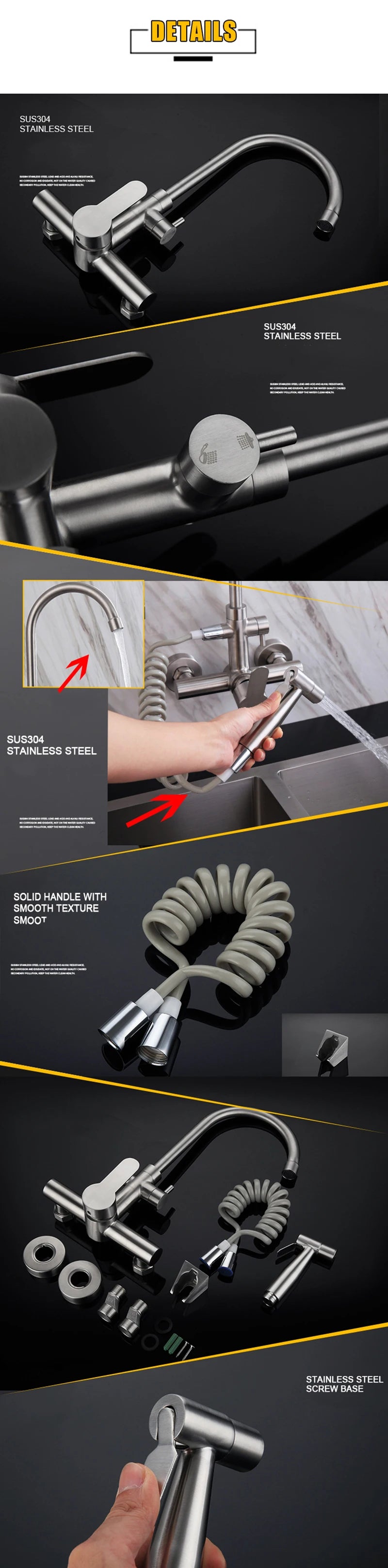 Onyzpily Brushed Nickel 304 stainless steel Kitchen Sink Faucet Mixer Tap Stream Sprayer Head Wall Installation