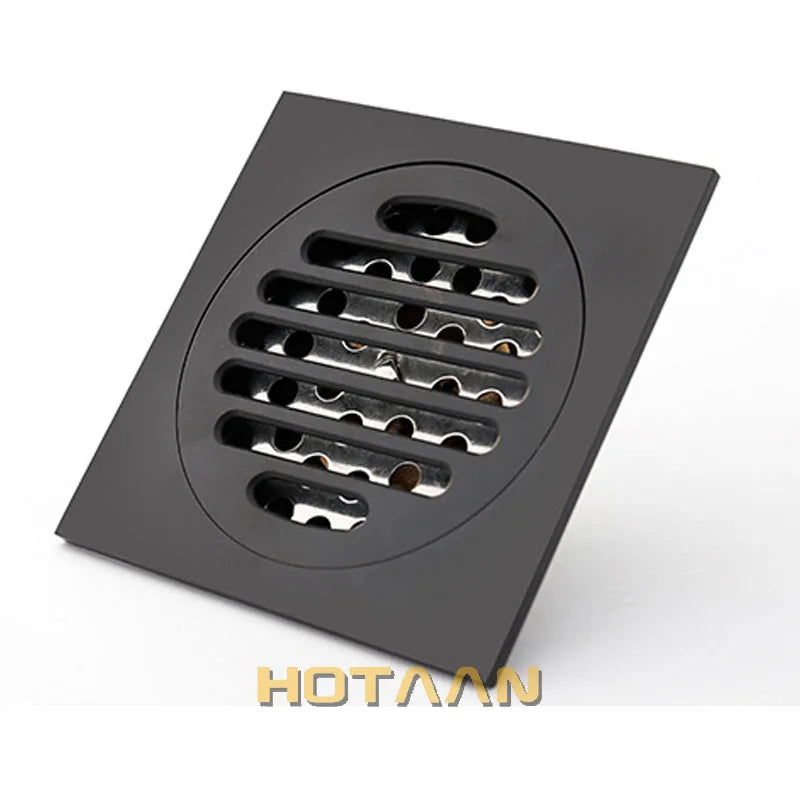 Hotaan Anti-odor Matte Black Bathtub Shower Drainer Floor 10cm Brass Square Floor Shower Drain Waste Grate Floor Drain