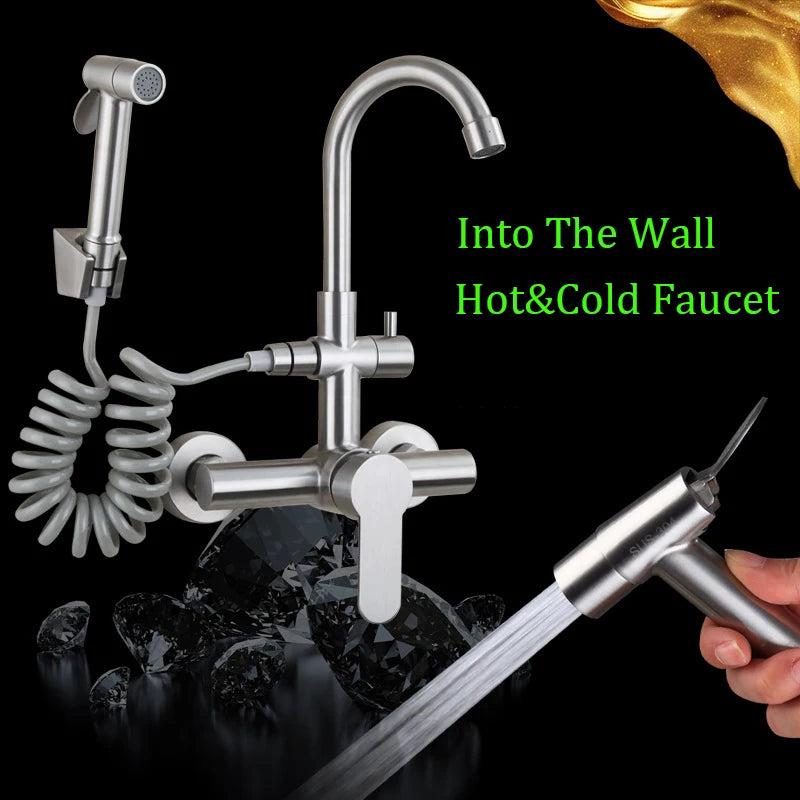 Onyzpily Brushed Nickel 304 stainless steel Kitchen Sink Faucet Mixer Tap Stream Sprayer Head Wall Installation