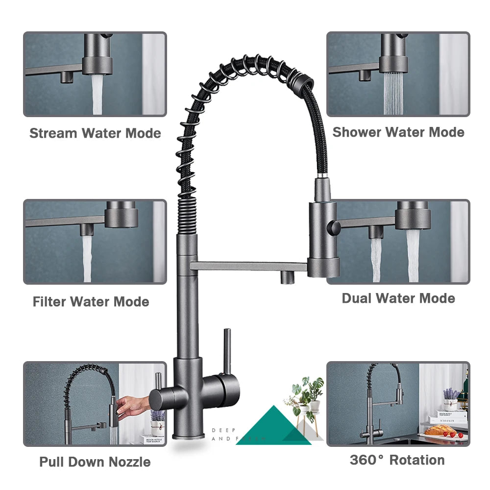 rozin Pull Down Filter Kitchen Faucet Black 3 Way Drinking Pure Water Faucets Brass 360° Flexible Purification Water Mixer Tap