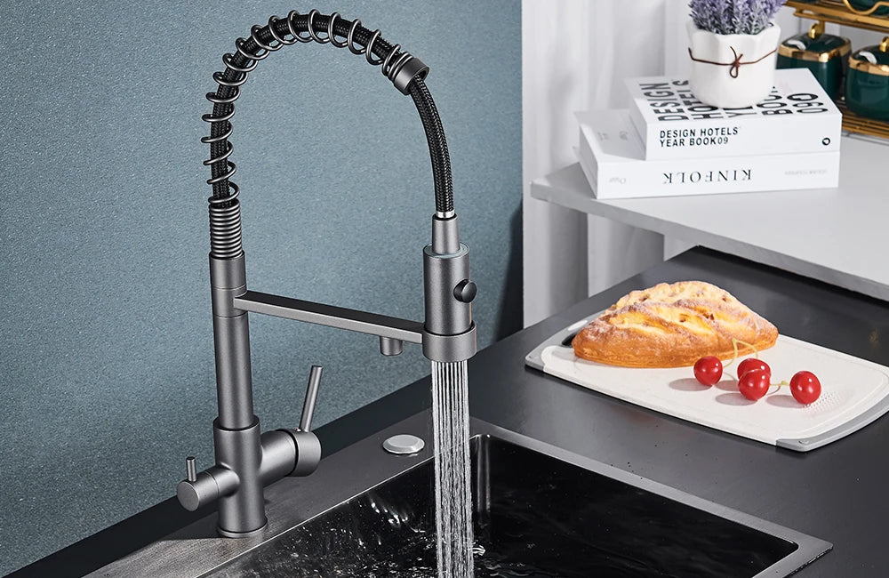 rozin Pull Down Filter Kitchen Faucet Black 3 Way Drinking Pure Water Faucets Brass 360° Flexible Purification Water Mixer Tap