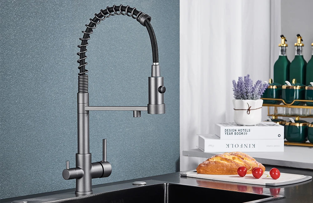 rozin Pull Down Filter Kitchen Faucet Black 3 Way Drinking Pure Water Faucets Brass 360° Flexible Purification Water Mixer Tap