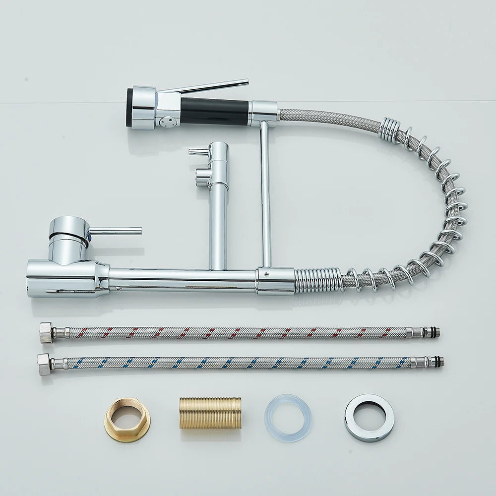 Chrome Brass Kitchen Sink Faucet Pull Down Hot and Cold Water Mixer 2 Mode Tap with Dual Spout 360 Rotation Flexible Deck Mount