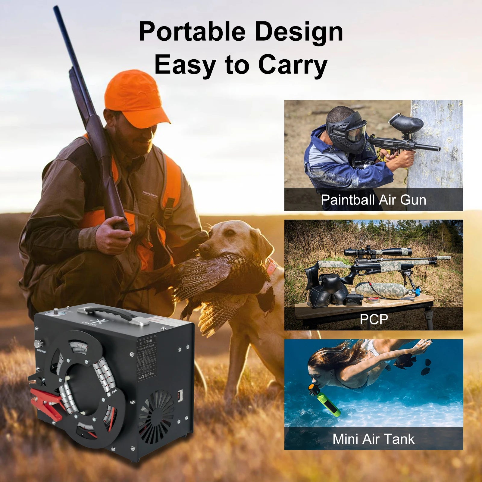 TUXING 300Bar 4500Psi PCP Air Compressor High Pressure Compressor with Built-in 12V Portable Power Adapter Fan Auto-stop TXES062