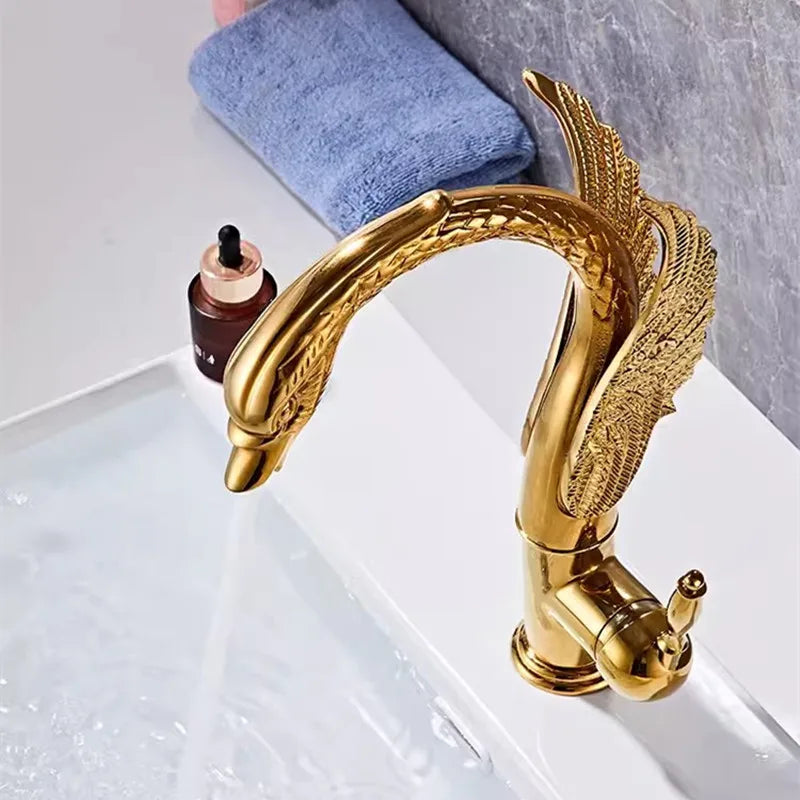 Tuqiu Antique Swan Bathroom Faucet Gold Brass Basin Faucet Mixer Tap Chrome Wash basin Faucet  Hot and Cold Waterfall Faucet
