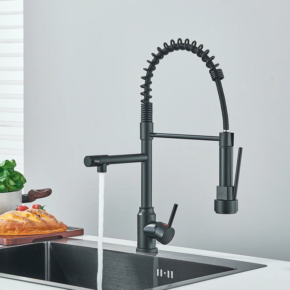 Chrome Brass Kitchen Sink Faucet Pull Down Hot and Cold Water Mixer 2 Mode Tap with Dual Spout 360 Rotation Flexible Deck Mount