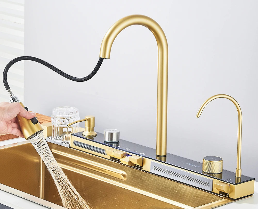 Gold Multifunctional Kitchen Waterfall Sink Digital Display Large Single Sink Dish Basin Sink 304 Stainless Steel