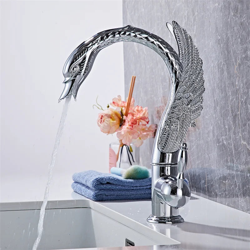 Tuqiu Antique Swan Bathroom Faucet Gold Brass Basin Faucet Mixer Tap Chrome Wash basin Faucet  Hot and Cold Waterfall Faucet
