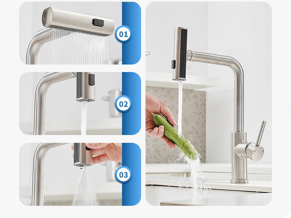 Touch Sense Kitchen Faucet 3 Mode Black Waterfall Crane Brushed Nickel Sensor Pull Out Hot Cold Mixer Gray Sink Water Tap 1668