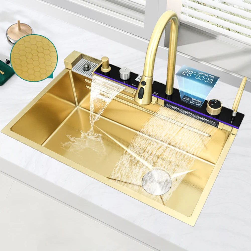Gold Multifunctional Kitchen Waterfall Sink Digital Display Large Single Sink Dish Basin Sink 304 Stainless Steel