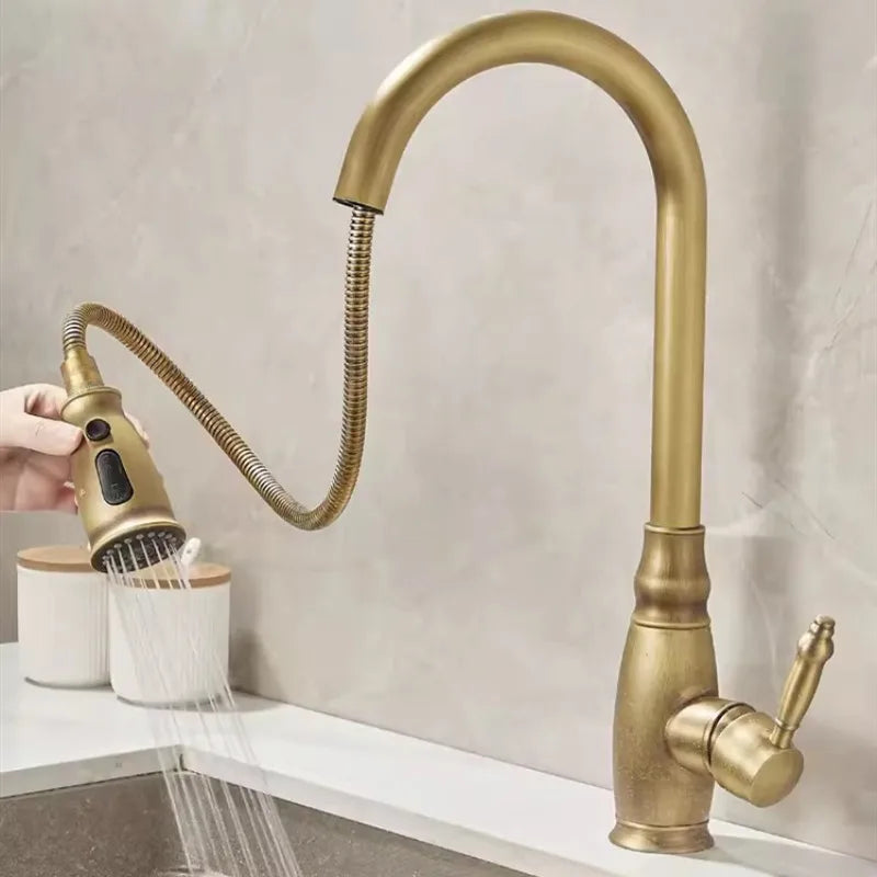 Tuqiu Kitchen Faucets Antique Sink Faucets Brass Sink Tap Pull Out Rotate Spout Mixers Tap Hot Cold Water Crane