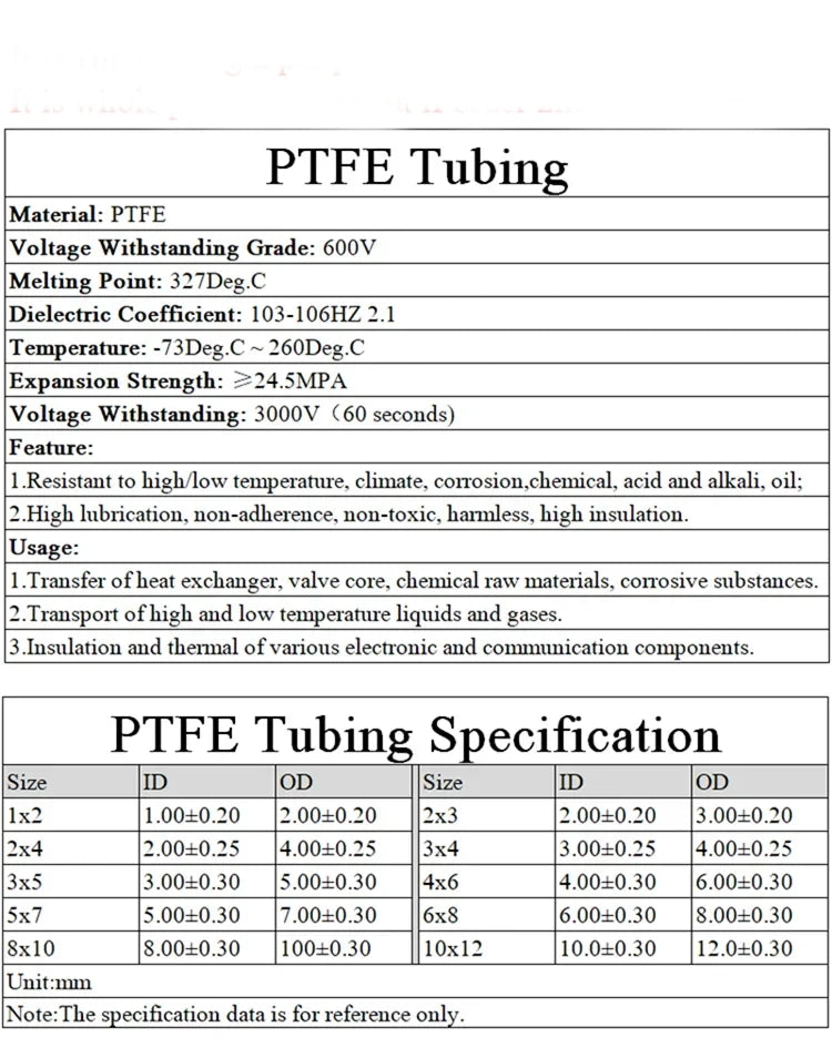 PTFE Tube ID 0.3 0.6 0.8 1 1.2 1.5 1.6 1.8 2 2.5 3 4mm F46 Capillary Insulated Hose Rigid Pipe Temperature Corrosion Resistance