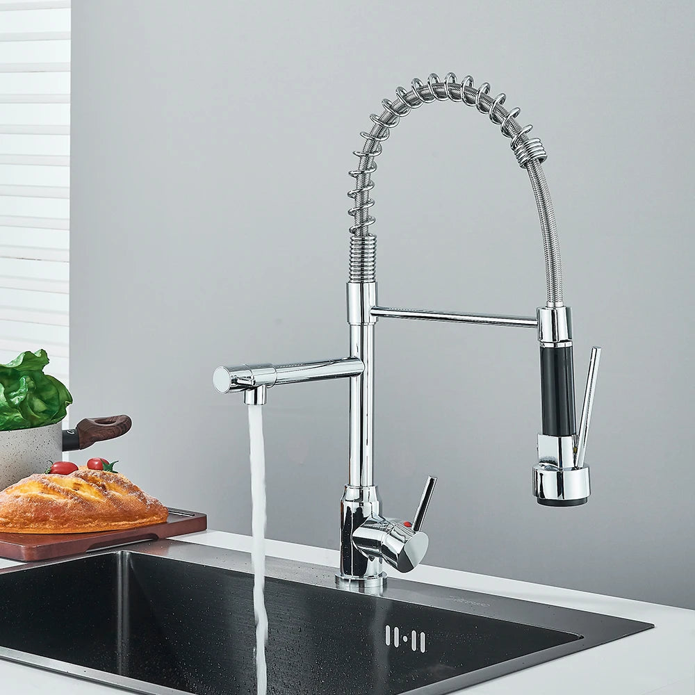 Chrome Brass Kitchen Sink Faucet Pull Down Hot and Cold Water Mixer 2 Mode Tap with Dual Spout 360 Rotation Flexible Deck Mount