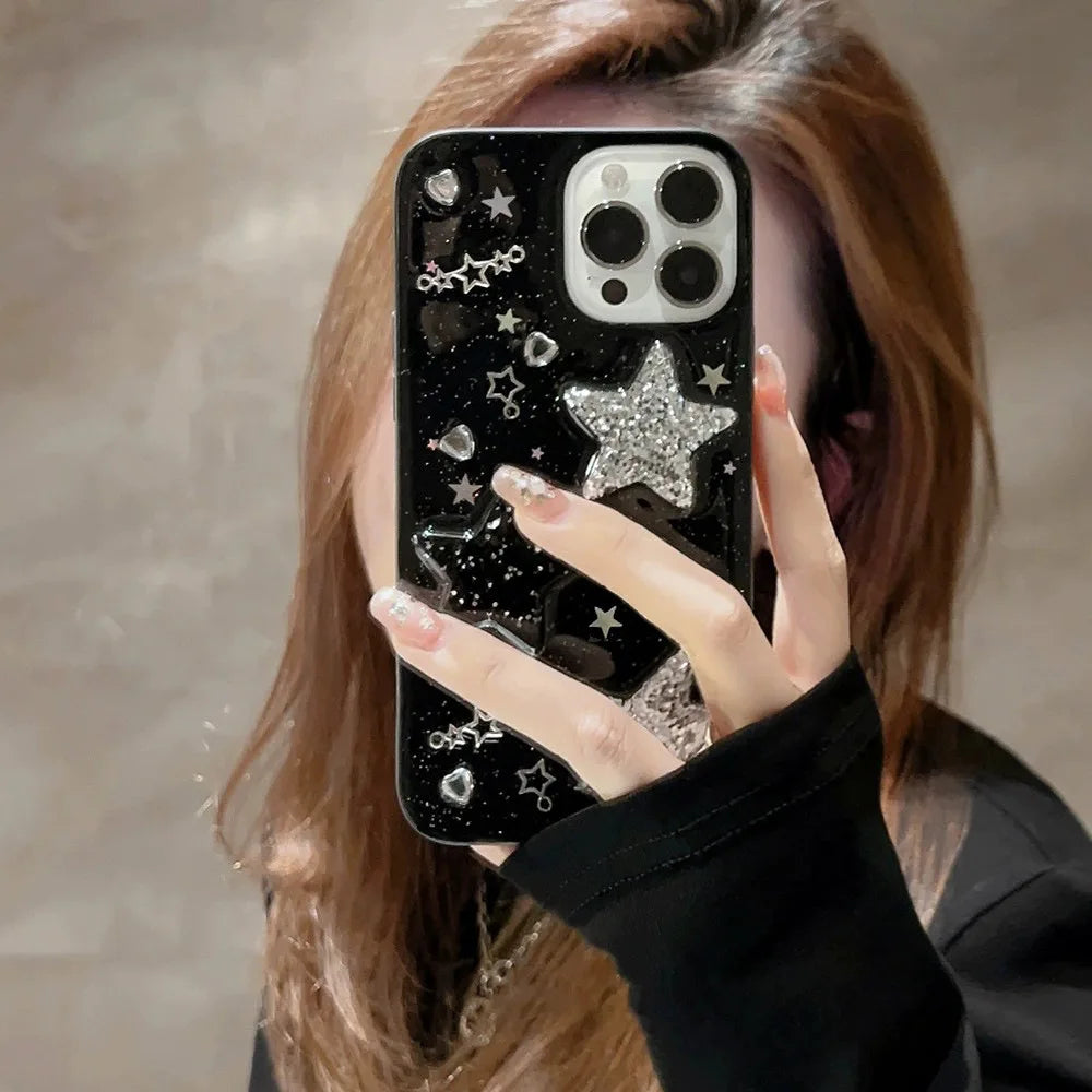 Black 3D Sparkling Pink Star Phone Case For Iphone 15 14 13 12 11 Pro Max X XR XSMAX 7 8 Plus SE TPU Case Cover New Products