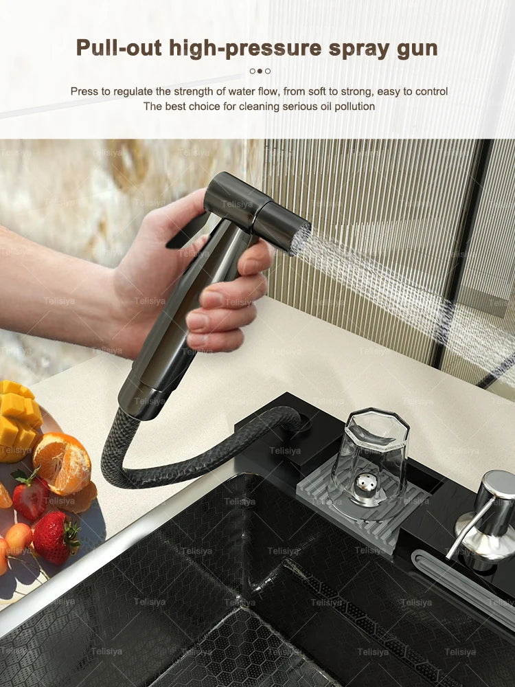 Stainless Steel Waterfall Kitchen Sink Embossed Single Bowl Digital Display Extra Large Multifunctional Washing Sinks 100x50cm