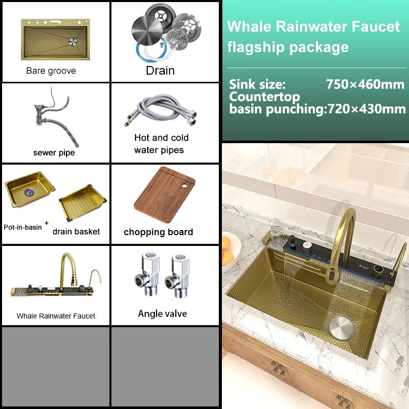 Stainless Steel Waterfall Kitchen Sink Embossed Single Bowl Digital Display Extra Large Multifunctional Washing Sinks 100x50cm
