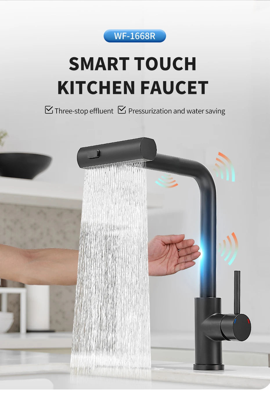 Touch Sense Kitchen Faucet 3 Mode Black Waterfall Crane Brushed Nickel Sensor Pull Out Hot Cold Mixer Gray Sink Water Tap 1668