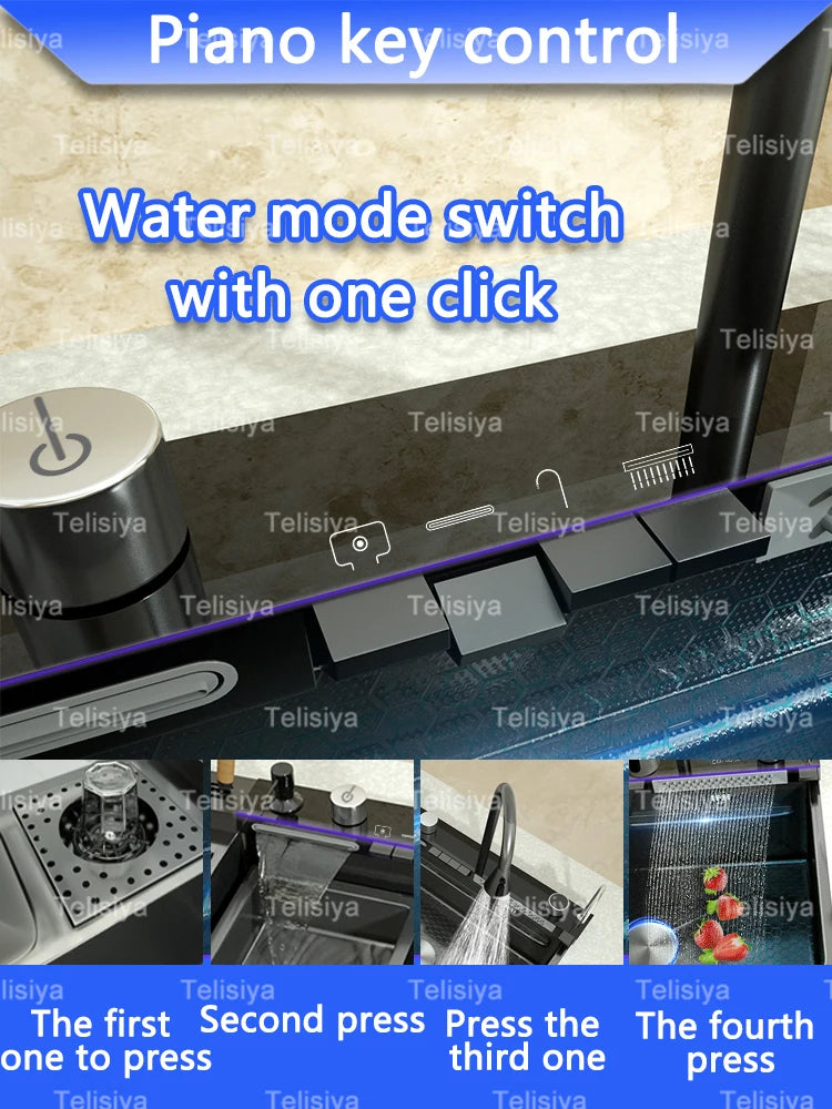 Stainless Steel Waterfall Kitchen Sink Embossed Single Bowl Digital Display Extra Large Multifunctional Washing Sinks 100x50cm