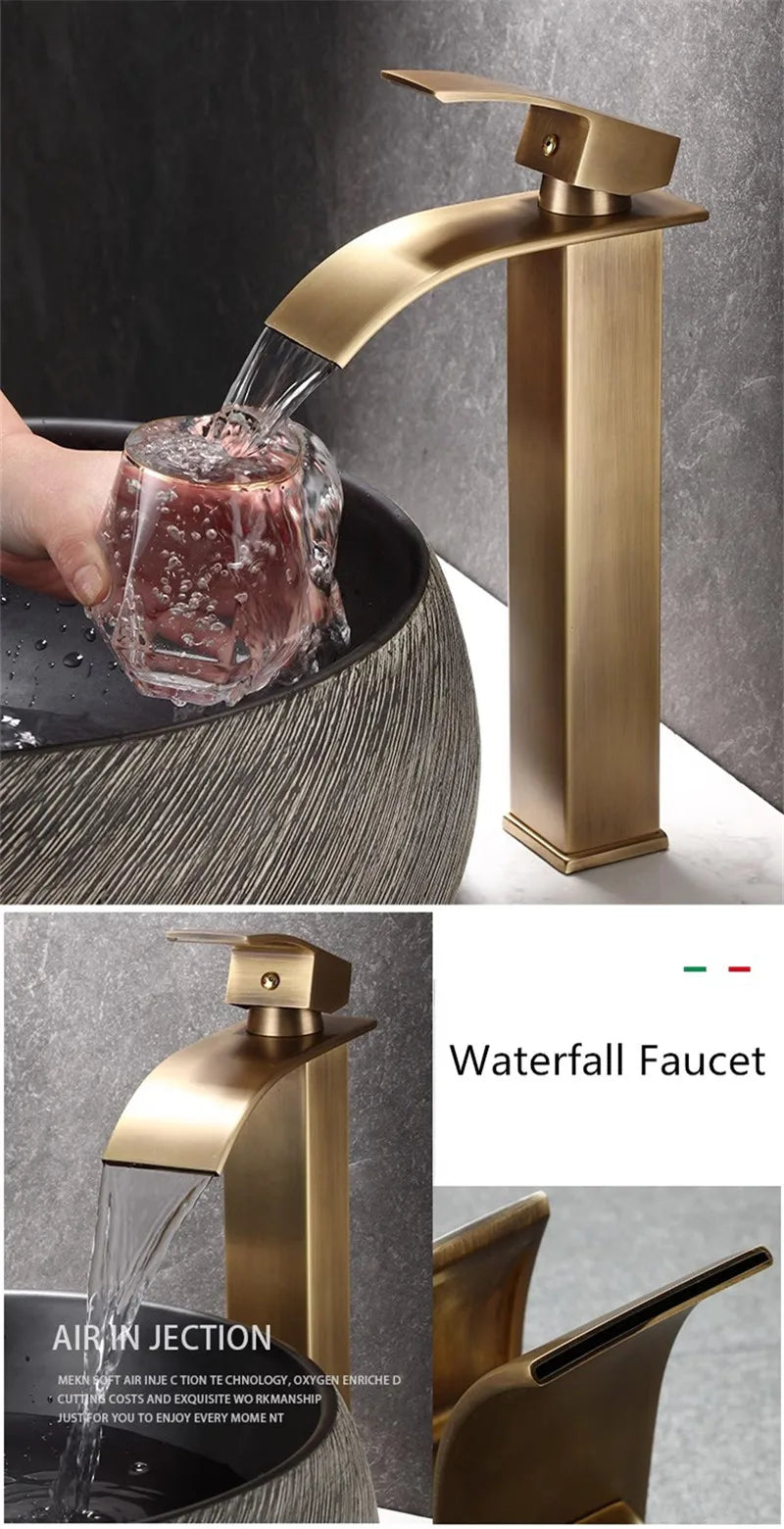 Bathroom Faucet Brass  Antique Bronze Basin Faucets  Hot & Cold Bathroom Sink Faucet Waterfall Lavotory Faucet  Mixer Water Tap