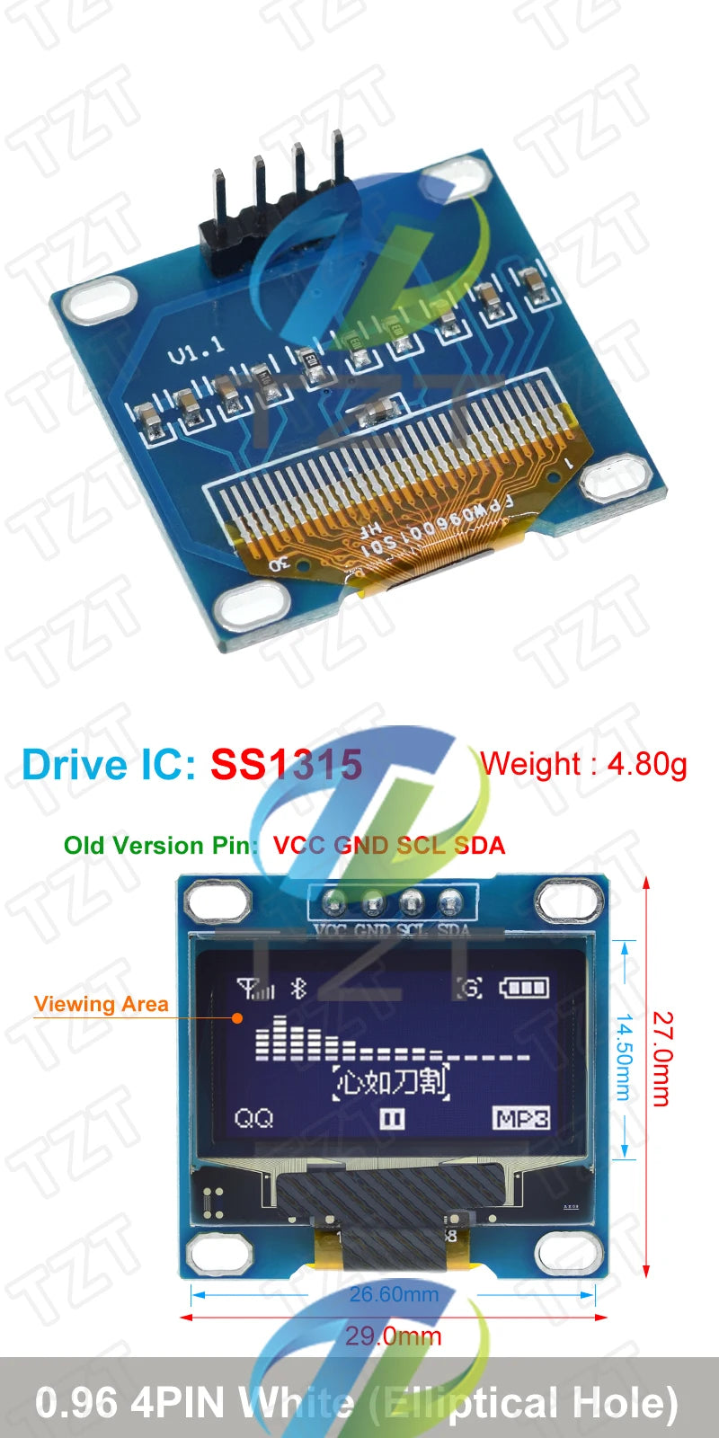 TZT ROHS Certification 0.96 inch oled IIC Serial White OLED Display Module 128X64 I2C SSD1306 12864 LCD Screen Board For Arduino