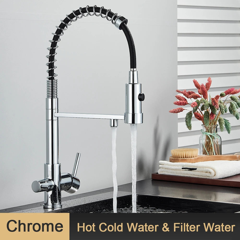 rozin Pull Down Filter Kitchen Faucet Black 3 Way Drinking Pure Water Faucets Brass 360° Flexible Purification Water Mixer Tap