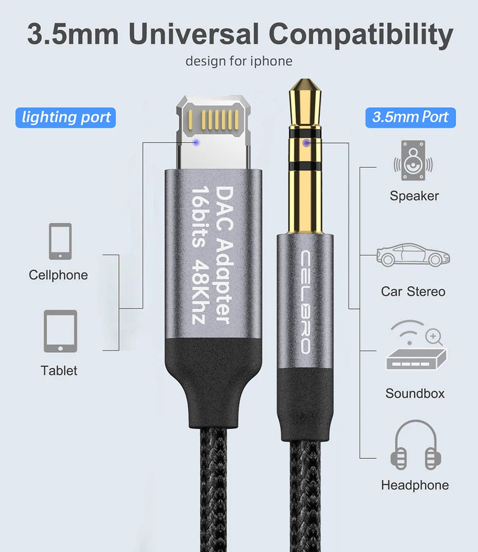 Aux Audio Cable For Iphone 14 Pro 13 8 Pin To 3 5 MM Jack Adapter For Iphone 12 11 12mini Xs Max Xr 8 3.5mm Audio Splitter Cabel