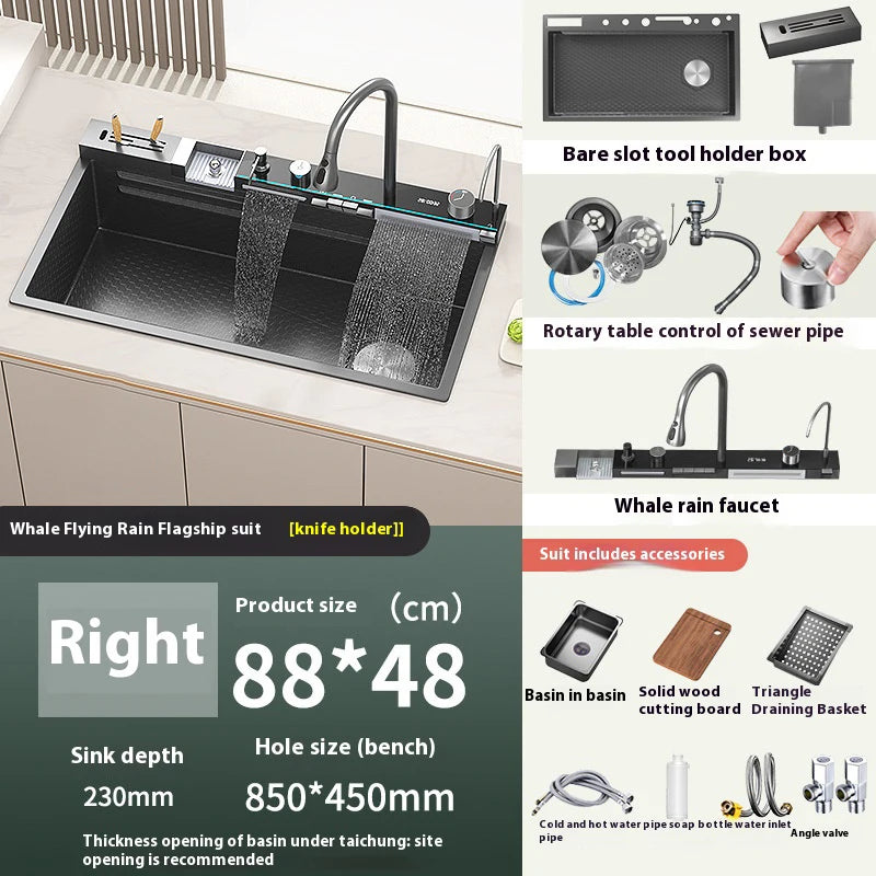 Stainless Steel Waterfall Kitchen Sink Embossed Single Bowl Digital Display Extra Large Multifunctional Washing Sinks 100x50cm