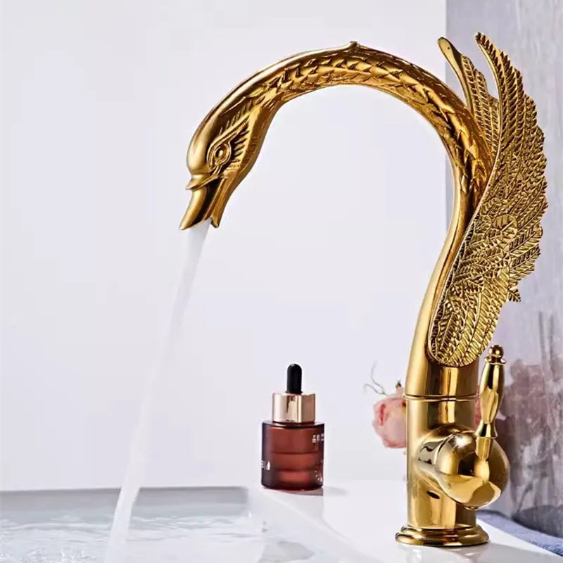 Tuqiu Antique Swan Bathroom Faucet Gold Brass Basin Faucet Mixer Tap Chrome Wash basin Faucet  Hot and Cold Waterfall Faucet