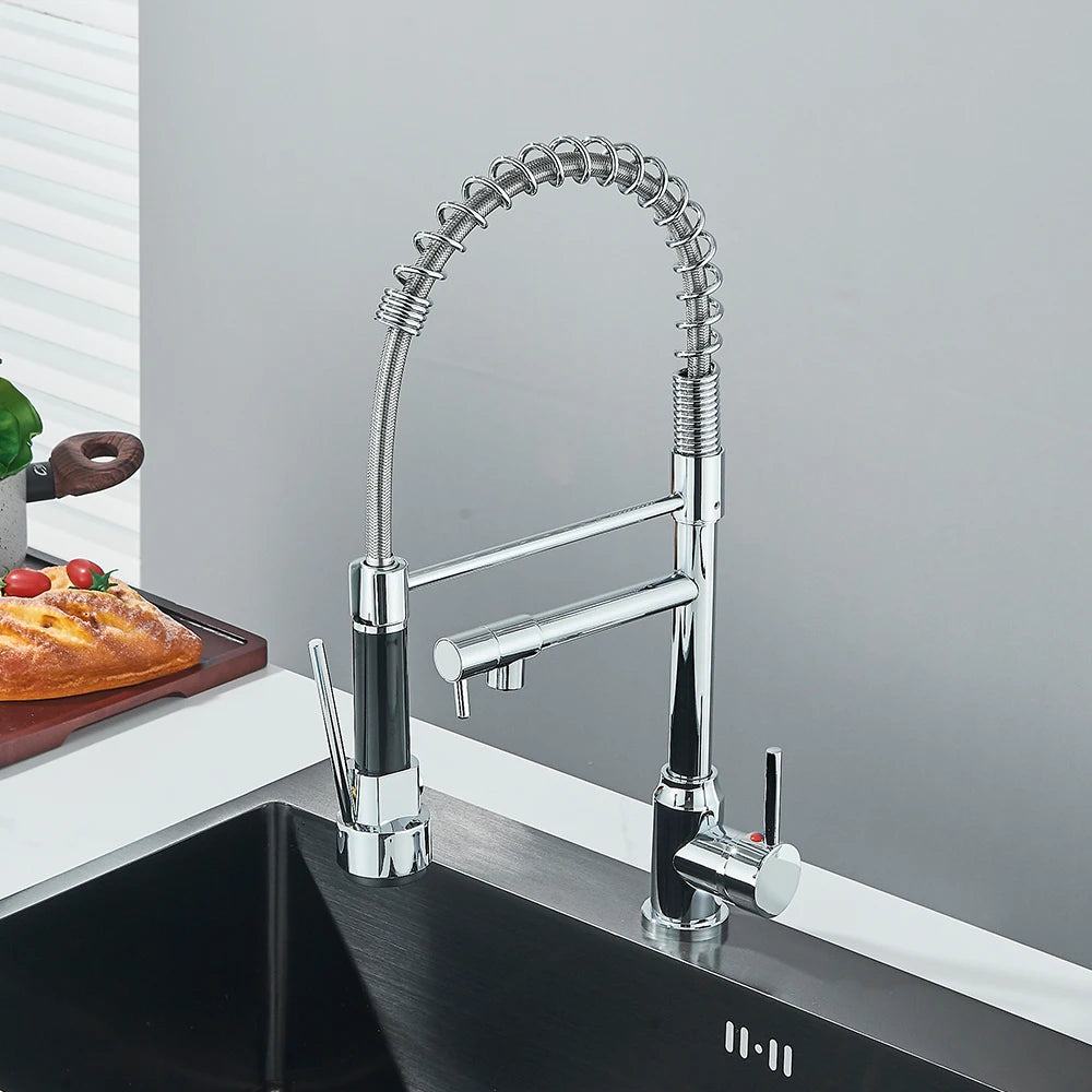 Chrome Brass Kitchen Sink Faucet Pull Down Hot and Cold Water Mixer 2 Mode Tap with Dual Spout 360 Rotation Flexible Deck Mount