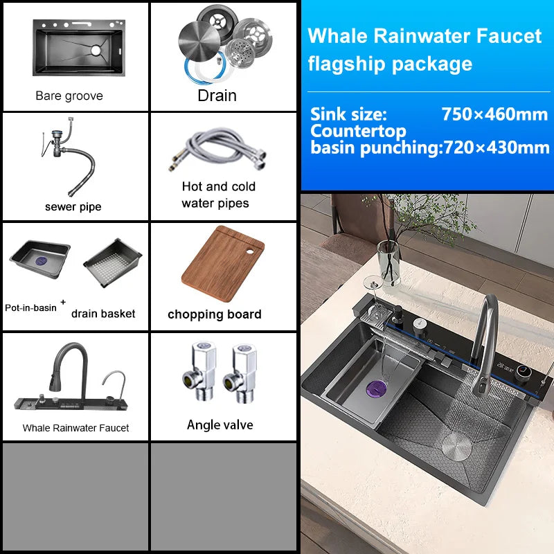 Stainless Steel Waterfall Kitchen Sink Embossed Single Bowl Digital Display Extra Large Multifunctional Washing Sinks 100x50cm