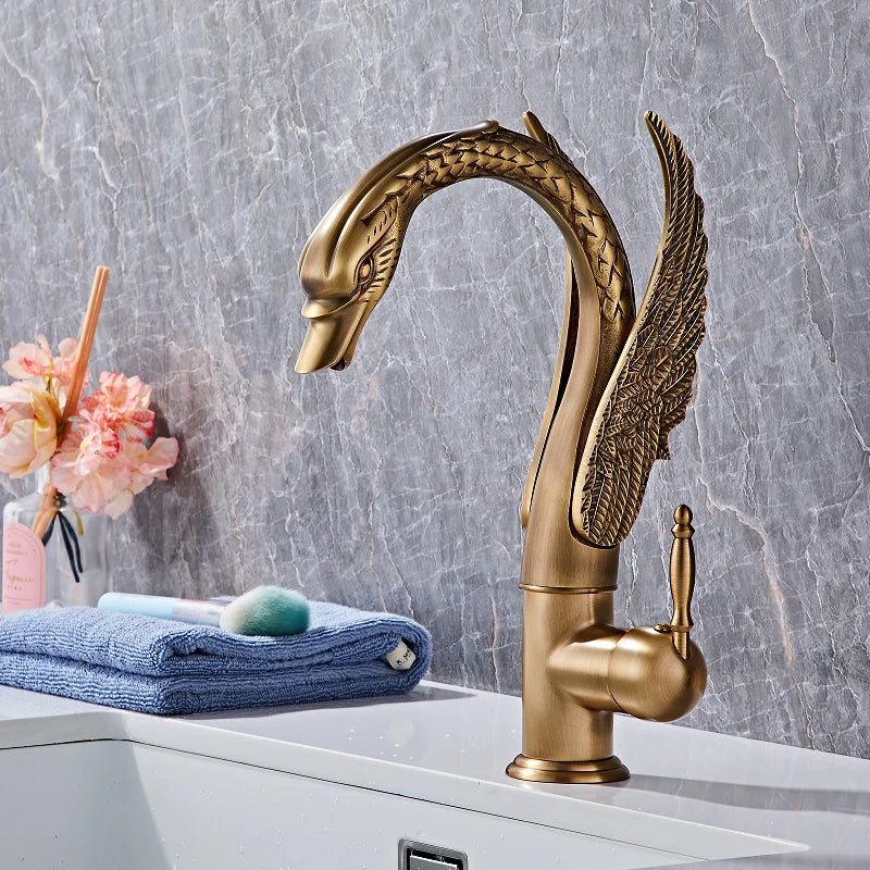 Tuqiu Antique Swan Bathroom Faucet Gold Brass Basin Faucet Mixer Tap Chrome Wash basin Faucet  Hot and Cold Waterfall Faucet