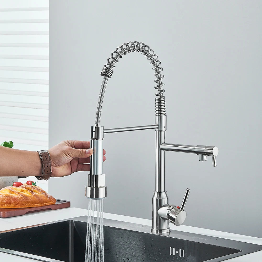 Chrome Brass Kitchen Sink Faucet Pull Down Hot and Cold Water Mixer 2 Mode Tap with Dual Spout 360 Rotation Flexible Deck Mount