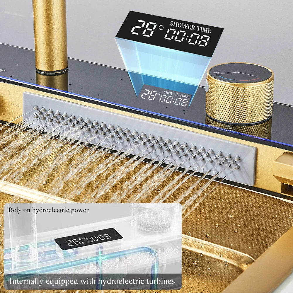 Gold Multifunctional Kitchen Waterfall Sink Digital Display Large Single Sink Dish Basin Sink 304 Stainless Steel