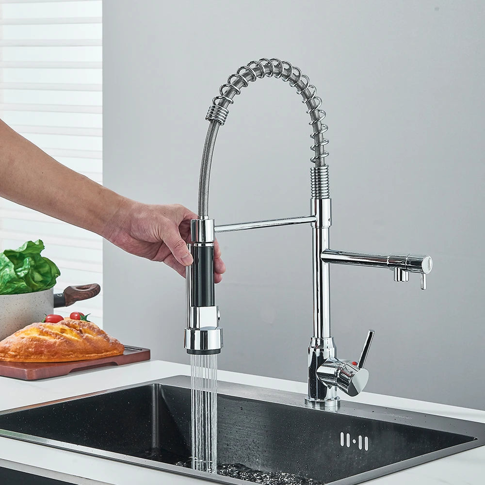 Chrome Brass Kitchen Sink Faucet Pull Down Hot and Cold Water Mixer 2 Mode Tap with Dual Spout 360 Rotation Flexible Deck Mount