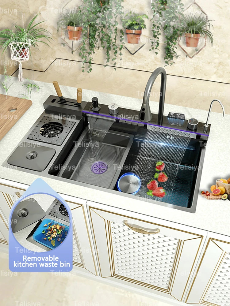Stainless Steel Waterfall Kitchen Sink Embossed Single Bowl Digital Display Extra Large Multifunctional Washing Sinks 100x50cm