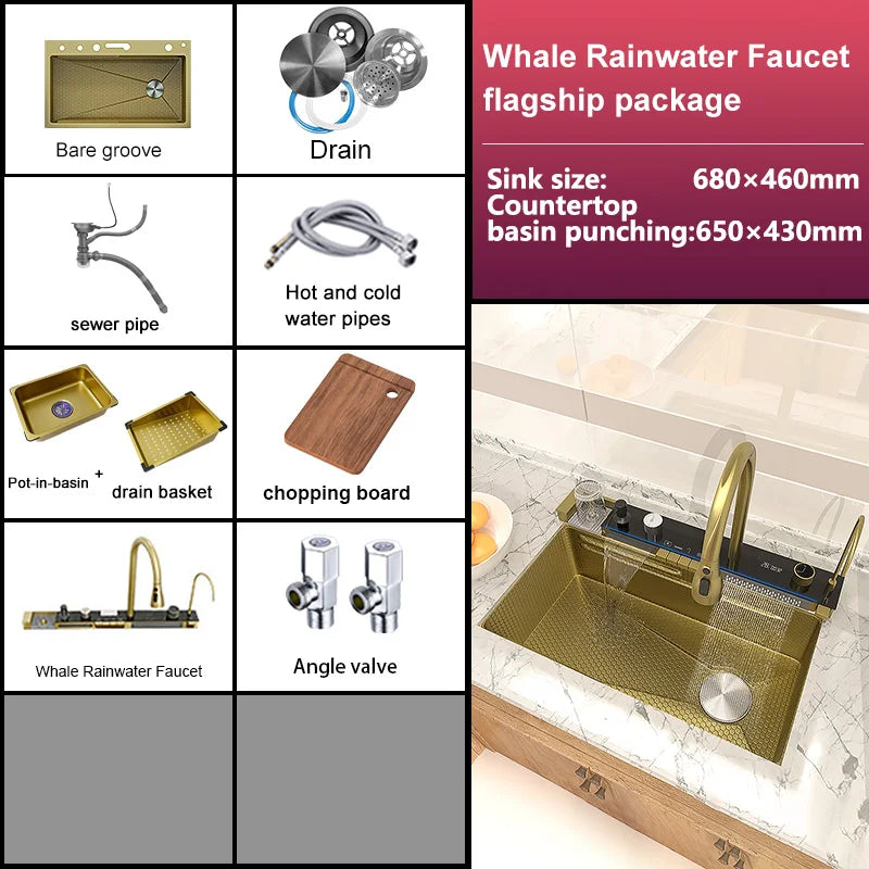 Stainless Steel Waterfall Kitchen Sink Embossed Single Bowl Digital Display Extra Large Multifunctional Washing Sinks 100x50cm