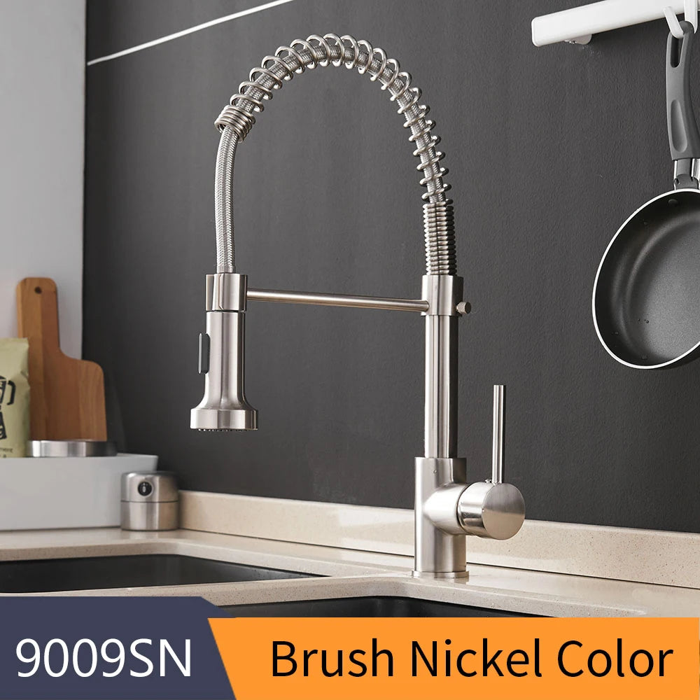 Kitchen Faucets Brush Brass Faucets for Kitchen Sink  Single Lever Pull Down Spring Spout Mixers Tap Hot Cold Water Crane 9009