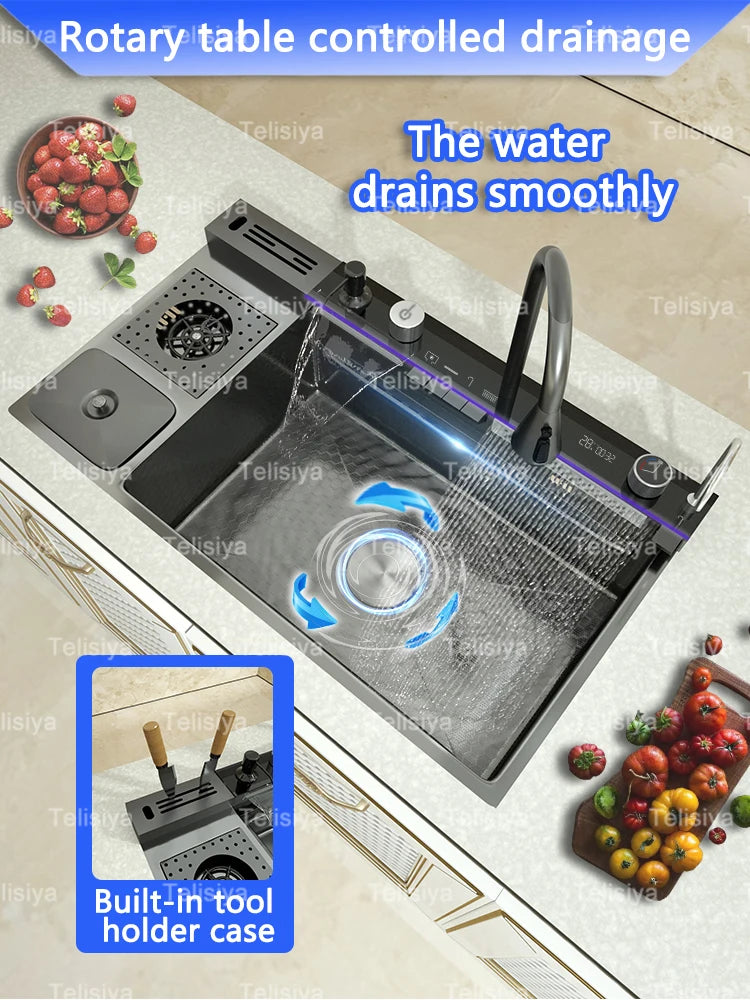 Stainless Steel Waterfall Kitchen Sink Embossed Single Bowl Digital Display Extra Large Multifunctional Washing Sinks 100x50cm