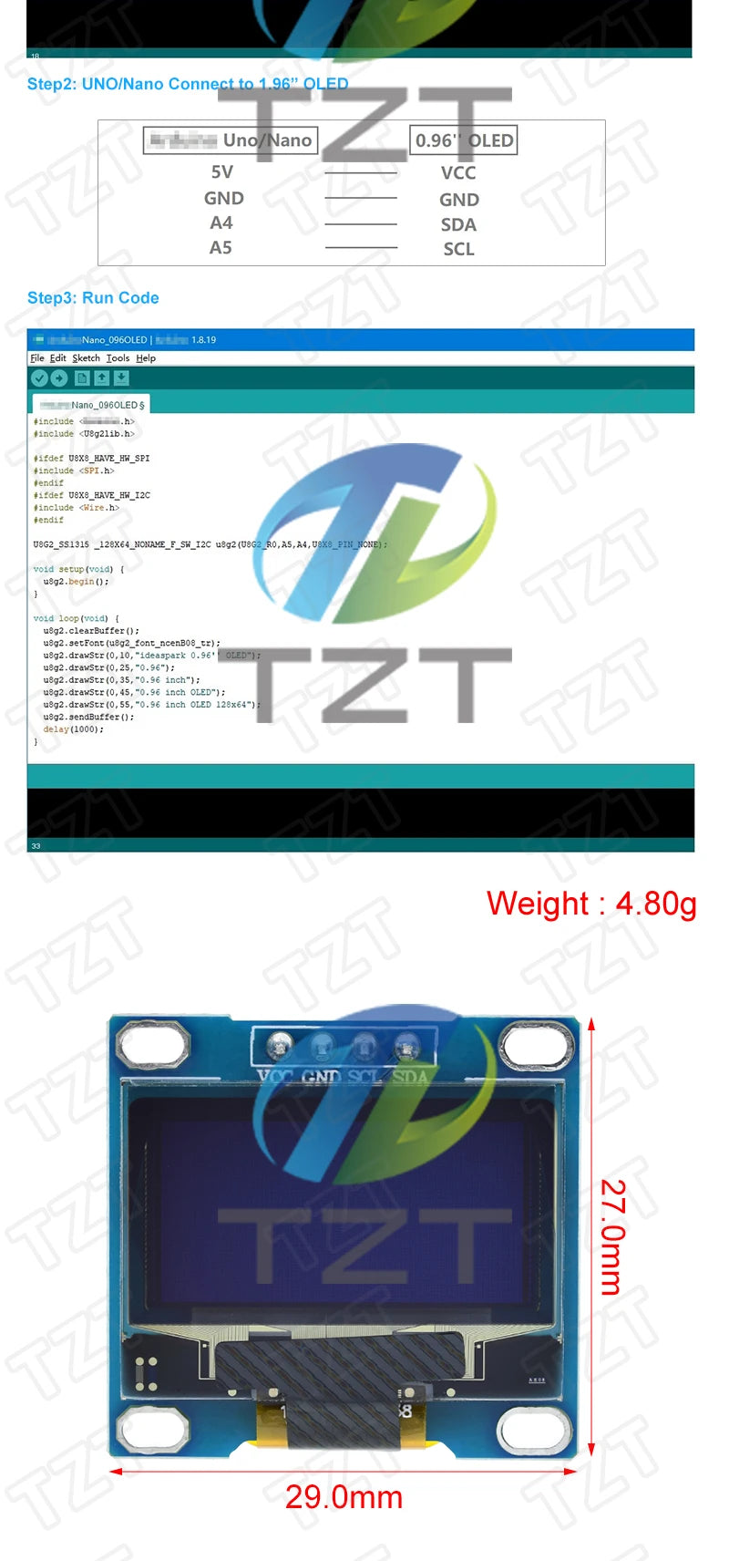 TZT ROHS Certification 0.96 inch oled IIC Serial White OLED Display Module 128X64 I2C SSD1306 12864 LCD Screen Board For Arduino